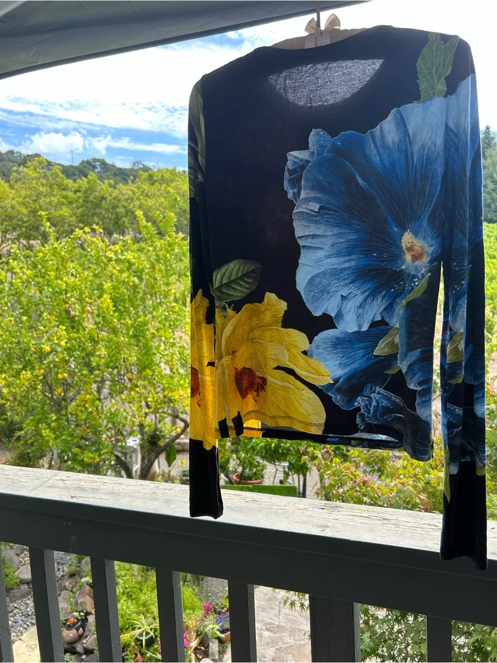 Alice + Olivia Black Floral Long-Sleeve Top with Blue, Red & Yellow Blooms - Picture 2 of 6